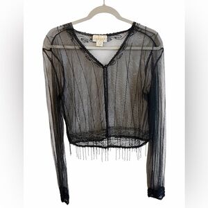 Vintage Charlotte Russe Black Sheer Beaded Cropped Cardigan Size Large Art Deco